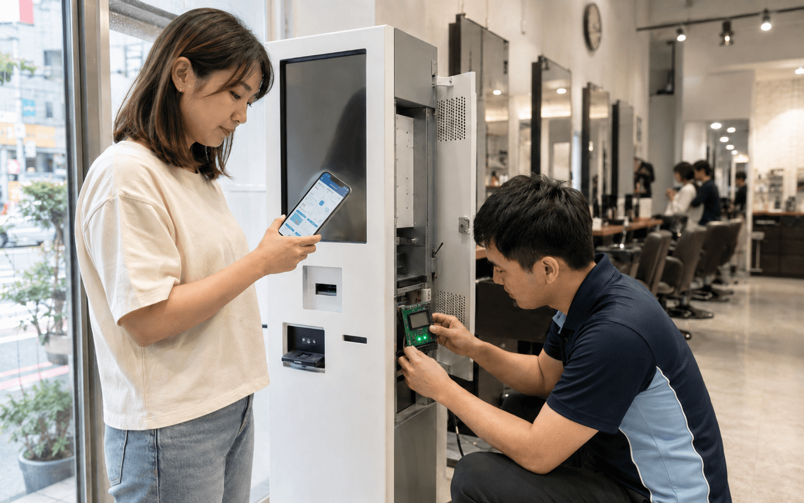 快剪店長查看手機後台,技師安裝聯控小卡